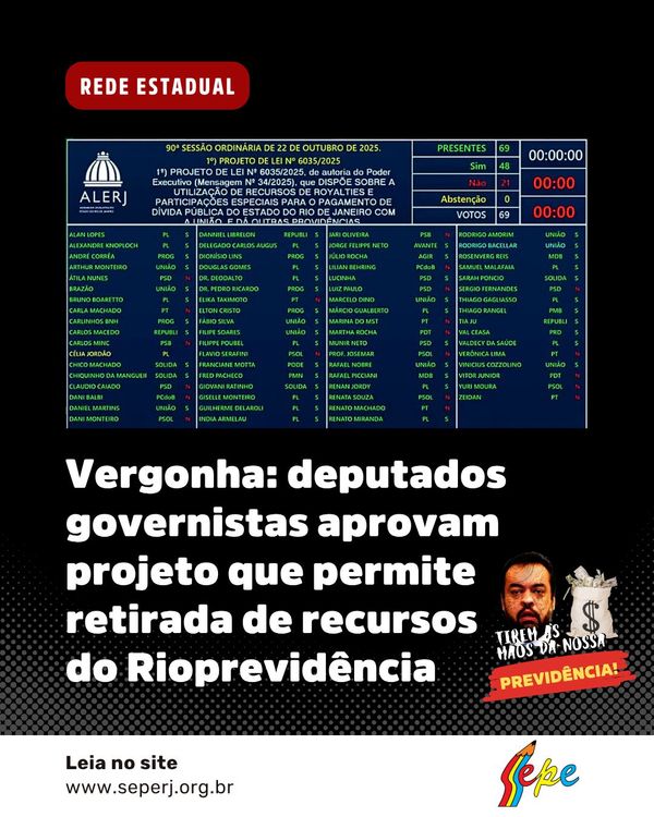 Vergonha: deputados governistas aprovam projeto que permite retirada de recursos do Rioprevidência